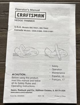 Craftsman 900.79442 Hedge Trimmer Operator Manual 900.79441 2008