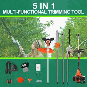 H-yeeu 723044233608 52cc 2 Cycle 5-in-1 Gas Powered Hedge Trimmer Brush Cutter Pole Saw