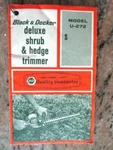 Black/decker Electric Deluxe Shrub & Hedge Trimmer Model U-272 Hang Tag -OO-129. Fixed Price $16.00.